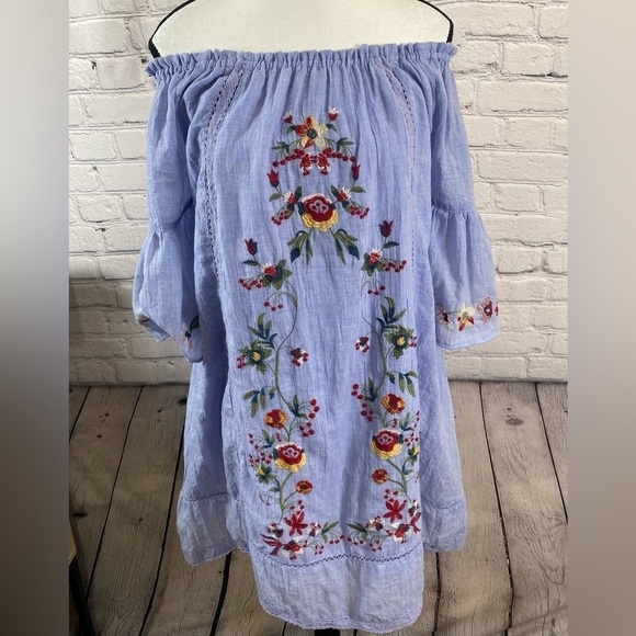 Umgee Blue Floral Embroidered Boho Peasant Mini Dress Size Small Babydoll Dress - Picture 2 of 9